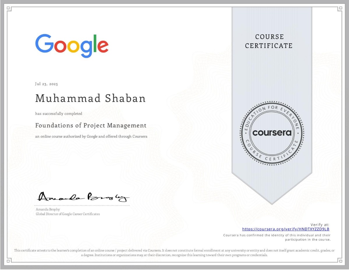 Certificate for Foundations of Project Management